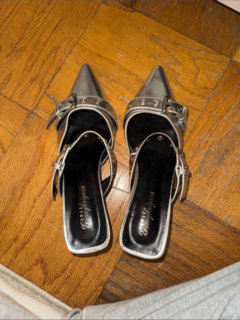 Metallic Silver Pointed-Toe Slingback Mules